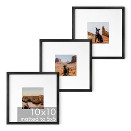 HAUS AND HUES 10x10 Black Metal Picture Frames Matted to 5x5 - Features Premium Aluminum & Hanging Hardware, Shatterproof Plexiglass - Ideal for Home, Room, Office (10x10 in, Black, Set of 3)