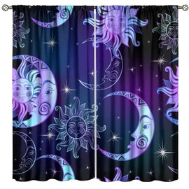 Fantasy Sun and Moon Curtains Boho Purple Black Stars Galaxy Rod Pocket Blackout Window Drapes for Bedroom Living Room Kitchen Cafe Decor （W21xL45 Inch） x2 Decor