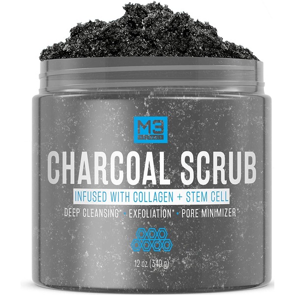 M3 Naturals Activated Charcoal Scrub Infused with Collagen and Stem Cell - Natural Exfoliating Body and Face Polish for Acne, Cellulite, Dead Skin, Scars, Wrinkles - Cleansing Exfoliator 12 oz