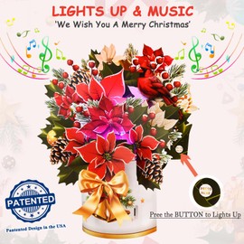 VIVIKEN Pop Up Christmas Cards with Lights and Music, 12 inch Paper 3D Poinsettia Bouquet Design, Musical Xmas Flower Popup Greeting Card with Note Card & Envelope for Christmas Holiday Decoration
