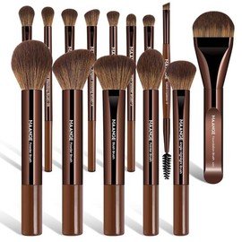 알루미늄 페룰이 포함된 MAANGE 14피스 메이크업 키트 프리미엄 세트 브러시 합성 MAANGE 14-Piece Makeup Kit Premium Set with Aluminum Ferrule Brushes Synthetic [Coffee Brown]