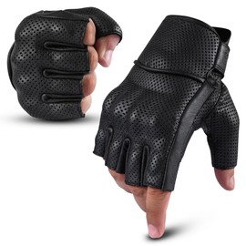 aaasportx Fingerless Perforated Motorcycle Gloves - Men's Leather Motorbike Gloves with Touchscreen Function & Non-Slip Pads (Half Finger Perforated, Black, Large)