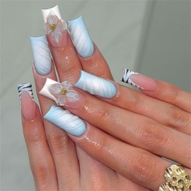 SINHOT Square Press on Nails Medium - 3D Blue Flower Fake Nails Glossy Glue on Nails Black Stripes Nails French Tip Squoval Artificial Nails Stick on False Nails with Design 24pcs