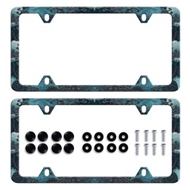 2pcs Ocean Wave License Plate Frame Blue Texture Waves Print License Plate Holders Stainless Steel Colorful Auto Accessory Bracket Holes Screws Universal Us Car License Plate Frames 6.2 x 12.2 Inch