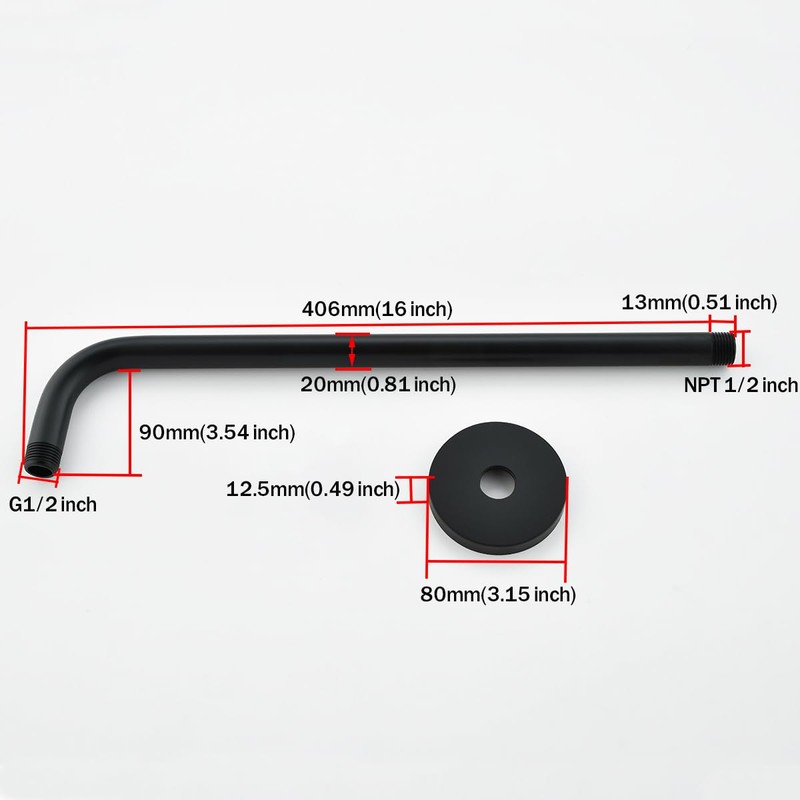 RANDOM 16 Inch Shower Arm with Flange,Stainless Steel 90 Degree