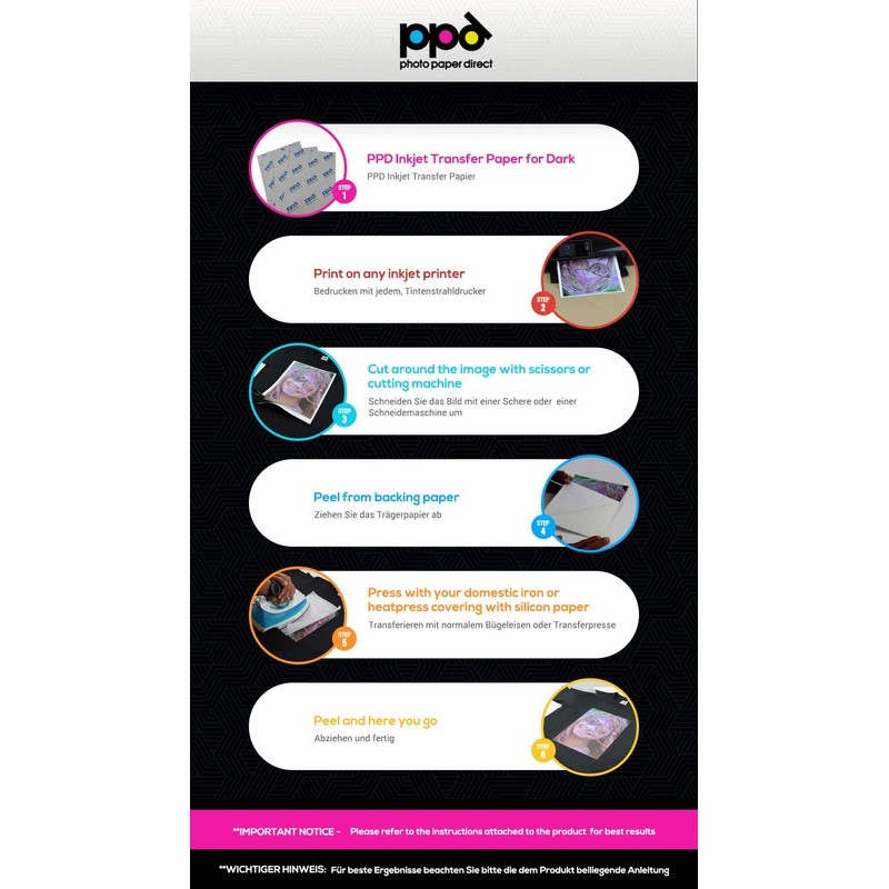 PPD Inkjet PREMIUM Iron-On Dark T Shirt Transfers Paper 11x17