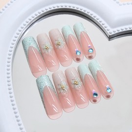 MISUD Press on Nails Long Square Fake Nails Glossy Glue on Nails Summer Green French Tip Acrylic Nails Squoval Artificial Nails Bling Glitter Stick on False Nails with Flower Design 24 pcs