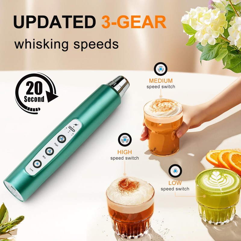 YUSWKO Green Handheld Milk Frother Wand for Coffee, Rechargeable Electric