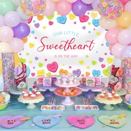 MEHOFOND 7x5 ft Conversation Heart Baby Shower Backdrop Valentine's Day Sweetheart is on The Way Baby Shower Photography Background Colorful Heart Party Decorations Newborn Party Photo Supplies