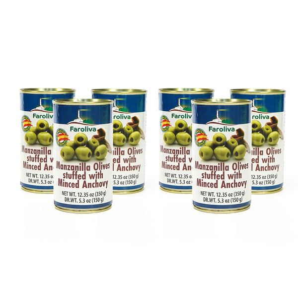 Manzanilla Olives stuffed with 12.35 oz (350g) by Faroliva (Anchovy, 6 Pack)
