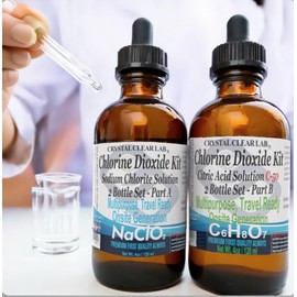 CrystalClearlab Chlorine Dioxide Chlorine Dioxide Generation Kit, 8 oz Two-Part Solution Set, Citric Acid and Sodium Solution with Droppers