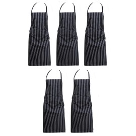 Zukeo Chef Pack of 5 Professional Woven Stripe Cotton Butchers Kitchen Apron - No Pocket (Navy)