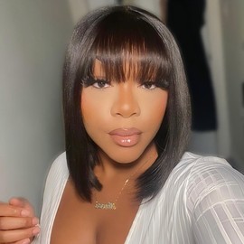 ISEE HAIR Bob Straight Wig with Bangs Human Hair Glueless Wig Ready to Go Human Hair Wigs For Women 180 Density (Straight, 12 Inch)