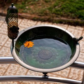 Qipade 13" Deck Mount Bird Bath Feeding Bowl with Butterfly Shape, 2-in-1 Outdoor Metal Bird Bath Removable Garden Backyard Patio and Deck Bird Bath, 3.1" Thick Iron Clamp, Pure Metal