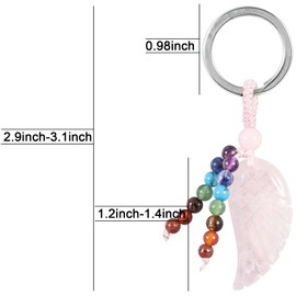 Nupuyai Crystal Angel Wings Keyring with 7 Chakra Stone Tassel Key Ring, Stone Guardian Angel Wings Pendant Keychain for Bag Charm Lucky Charm Amulet, Pink Rose Quartz