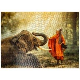 Monk Hiking with The Fancy Elephant in The Forest - Premium 500 Piece Jigsaw Puzzle for Adults