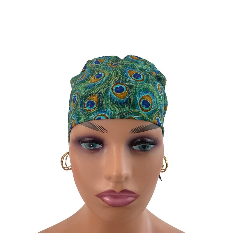 Ponytail Medical Scrub Cap. Peacock Feathers.- Turn Up Ponytail Scrub