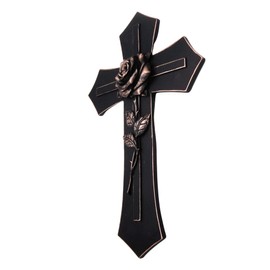 Black Wall Cross with a Gold Toned Rose, Wall Hanging Décor, Religious Gift, 12.25 Inches