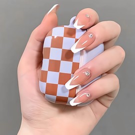 Apictseoo Nude White rhinestone French Designs Coffin Fake Nails 24 Pcs Press on Nails Short Length Medium False Nails with Glue,12 Sizes,Acrylic Full Cover Artificial Gel Nail Kit for Women Girls 0257