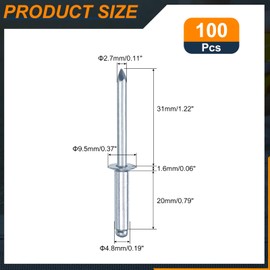 sourcing map 100Pcs 3/16"x3/4" Countersunk Head Blind Rivets, Zinc-Plated Carbon Steel Grip and Mandrel Cap Blind Rivets, Silver