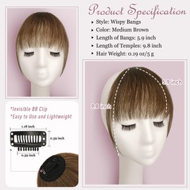 RUWISS Clip-In Fringe 100% Hairpiece Real Hair Clip in Bangs with Temples Remy Real Hair Fringe Bangs for Women Pony Extension Real Hair for Daily Wear (Medium Brown)