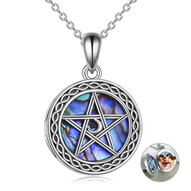 YFN Pentagram Pentacle Locket Necklace Sterling Silver Abalone Shell Celtic Pentacle Locket Necklace That Holds Pictures for Women Jewelry Gifts