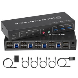 4K HDMI KVM Switch 2 Monitors 4 Computers, Dual Monitor and 2 HDMI USB 3.0 KVM Switches 4K@60Hz,Support Extended/Mirror Mode Share 3 USB 3.0 Ports with Desktop Controller, Adapter Included