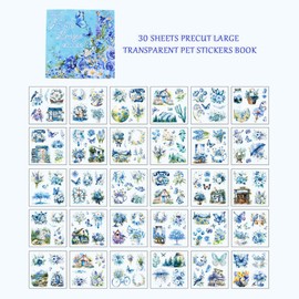 Dwpetzo 30 Sheets Precut Flowers Stickers Journal Sticker Book for Junk Journal Supplies, Large Transparent PET Stickers for Journaling, Scrapbooking, Bujo, Collage, Card Making (Blue Flowers)