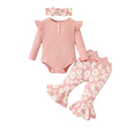 Kislio Newborn Baby Girls Clothes Ribbed Ruffled Romper+Floral Pants+Headband Infant Outfit Set