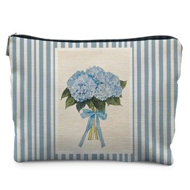 Likjad Blue Hydrangea Makeup Bag, Coquette Bow Floral Cosmetic Bags for Women, Blue Striped Hydrangea Flower Makeup Pouch, Floral Zipper Pouch