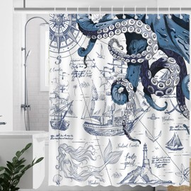 Mocsicka Nautical Octopus Shower Curtain Nautical Sailboat Octopus Bathroom Shower Curtain Nautical Coastal Waterproof Fabric Shower Curtain Bathtub Decor with 12 Hooks 72 X 72 Inch