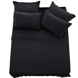 Lux Decor Full Sheet Set - 6 PC Brushed Microfiber Bed Sheets 16 Inches Deep Pockets - Embroidered & Plain Pillowcases - Hotel Luxury Sheets Full Size Bed Set - Soft Bedding Sheets (Black)