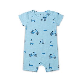 monica + andy Slub Shorty Romper, Size 3T, Blue On Wheels Print with Bicycles & Scooters, 100% Organic Clothes for Boys & Girls, Sustainable Super Soft Cotton, Newborn, Infant, Toddler, and Kids Sizes