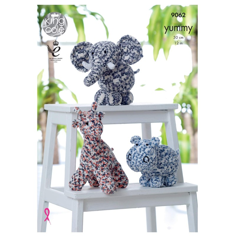 King Cole Giraffe, Hippo & Elephant Cuddly Toys Knitting Pattern