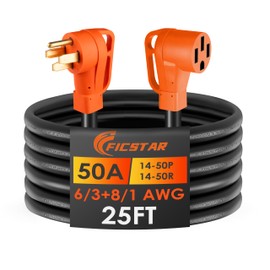 Ficstar 25FT 50 Amp RV Extension Cord Outdoor with Grip Handle,125/250V,12500W, 4 Prong, Heavy Duty 6/3+8/1 Gauge STW, NEMA 14-50P to 14-50R with Cord Organizer, UL&ETL Listed