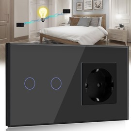 BSEED Touch Light Switch with Socket and LED Interface, 2-Gang, 2-Way, Touch Sensor Panel, LED Light, Black, Non Smart Switch