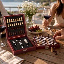 4-Piece Wine Accessories Set for Home Entertaining - Chessboard Wine Opener Gift Set for Parties and Wine Lovers