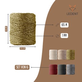 Ledent Macrame Yarn (1 mm, 6 x 65 m, Set of 6 Colours) Double Twisted - Rope for Macrame Made from 100% Recycled Cotton Yarn - Macrame Yarn Set of 6 Festive Colours, Christmas Packaging