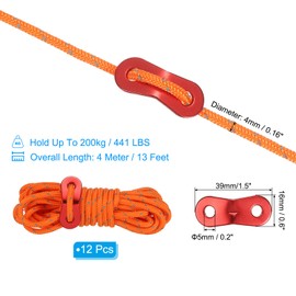 PATIKIL 4mm Tent Rope, 12 Pack 13ft Reflective Guyline Cord Tied Downs Rope Paracord Cord Camping Ropes with Red Aluminum Cord Adjusters for Camping Hiking Tent, Orange