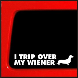 Sticker Connection | I Trip Over My Wiener Bumper Sticker Decal for Car, Truck, Window, Laptop | 1.3"x7" (White)