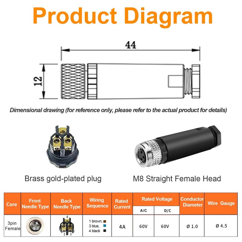 10Pcs M8 3-Pin Aviation Connector Male, Industrial A Coding Field