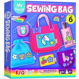 KRAFUN My First Sewing Bag Kit Arts & Crafts for Beginner Kids, 6 Easy DIY Sewing mini Bag Holder Case Projects of Animal Theme, Instructions Learn to Sew & Felt Embroidery, Gift for Girls & Boys