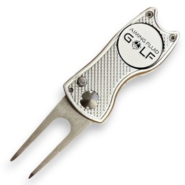 Aiming Fluid Golf Premium 5-in-1 Golf Divot Repair Tool and Ball Marker I Groove Cleaner I Club Tee I Putting Alignment I Switchblade Design I Golf Gift I Golf Accessory (Silver Divot Tool)