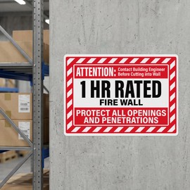 Anobell 1 Hour Fire Wall Sign, 10 x 14 Inch Laminated Vinyl Warning Label, 5 Pack for Warehouses, Commercial Buildings, Construction Sites