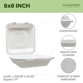 [50 COUNT] Sugarfiber by Harvest Pack 8 X 8" White Compostable Clamshell Food Containers, Heavy-Duty Hinged Container, Disposable Bagasse Eco-Friendly Natural Takeout to go Box, Made from Sugarcane