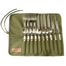 Kuuupiii Cutlery Set, For 4 People, 21-Piece Set, Camping, Outdoors, Storage, Wooden, Stainless Steel, Stylish, Barbecue, Kids, Adults, Family, Group, Solo Camping, Cutlery, BBQ, Compact, Leisure