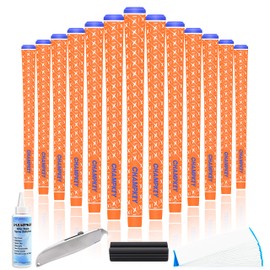 Champkey Rubber Golf Grips - Set of 13, 5 Oz Solvent, Hook Blade, 15 Tapes & Vise Clamp - Choose Between 13 Grips & All Repair Kits & 15 Tapes (Orange Repair Kits, Standard)