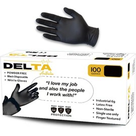 Delta Industrial Powder Free Nitrile Gloves 6gm, Disposable, Food Safe, Cleaning, Examination, Tattoos, Industrial, General use - (100pcs, Black, Small)