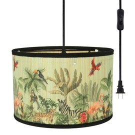 Eoiips Plug in Pendant Light Bamboo, 14.76ft Hanging Lamp with Plug in Cord, ON/Off Switch, Hanging Light Shade with Pattern, Pendant Light Fixture for Kitchen Island Bedroom Living Room(Flamingo)