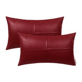 BRAWARM Faux Leather Throw Pillow Covers 12 X 20 Inches, Deep Red Leather Lumbar Pillow Covers Pack of 2, Hand Stitched Leather Decorative Throw Pillows for Couch Sofa Bed Living Room Home Garden